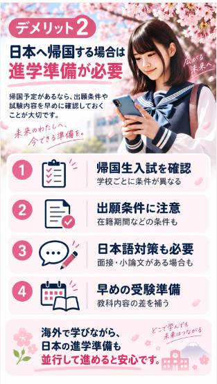 デメリット2:日本へ帰国する場合は進学準備が必要