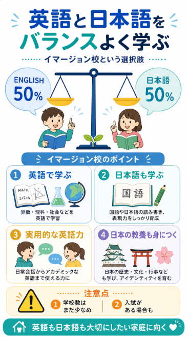 英語特化型(イマージョン校)で英語と日本語の教育バランスをとる