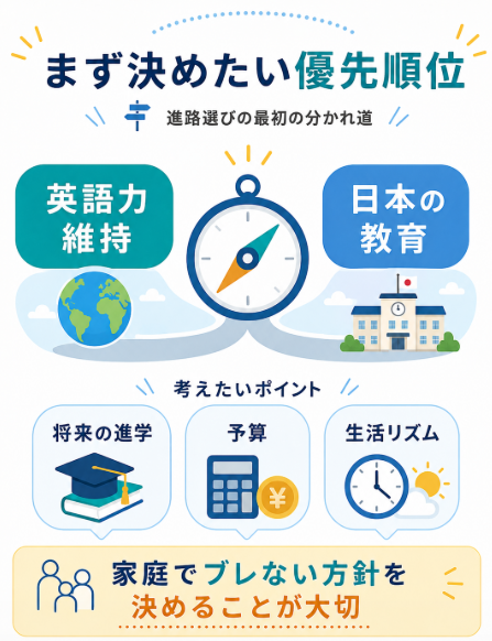 英語力の維持か日本のカリキュラムへの適応か優先順位を決める