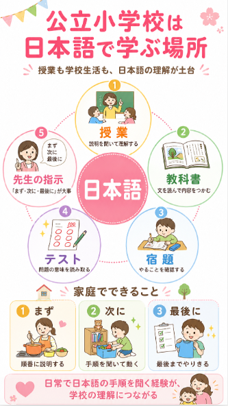  公立小学校では授業もテストも基本的に日本語で進む