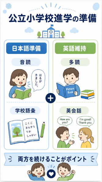 公立小学校へ進む場合は日本語力と英語維持の仕組みを分けて準備する
