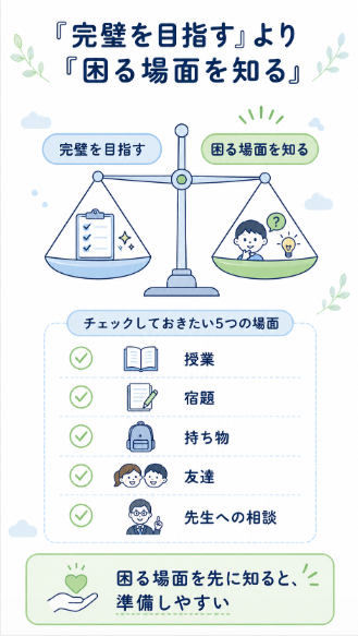 入学前にすべて完璧にするより困りやすい場面を先に知ることが大切