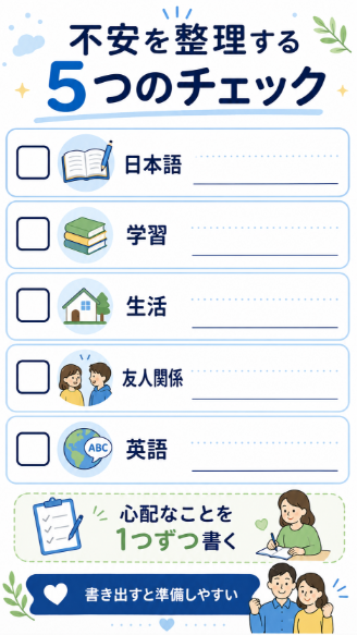 英語力を維持するには、子どもが無理なく続けられる方法を選ぶことが大切です。
毎日長時間の英語学習をしようとすると、入学後の負担が大きくなります。
英語の本を読む、オンライン英会話を週に数回入れる、英検を目標にするなど、家庭に合う方法を選びましょう。
ポイントは、英語を勉強だけにしないことです。
好きな物語や興味のあるテーマとつなげると、自然に続きやすくなります。
今日から7日で準備する 入学前に家庭でできるやることチェックリスト
忙しい家庭でも、準備は小さく始められます。
ここでは、7日間で不安を整理し、入学前に確認すべきことを見える化する流れを紹介します。
完璧ではなく、まず動き出すことを目指しましょう。
1日目 現在の不安を日本語 学習 生活 友人関係 英語に分けて書き出す