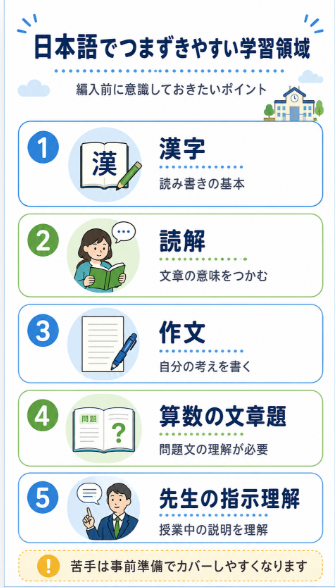 日本語力や教科学習についていけるか不安
