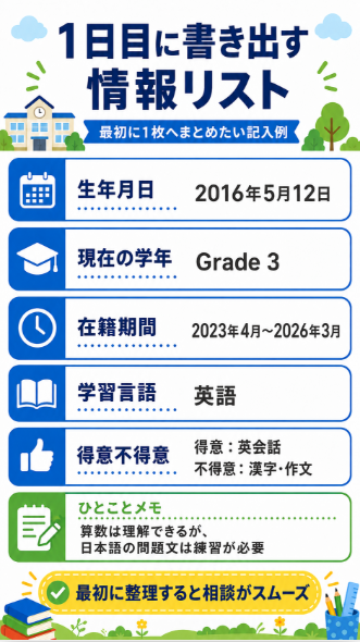 子どもの年齢 学年 学習歴をチェックリストに整理する
