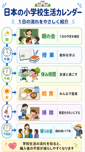 給食 掃除 当番活動など日本の学校生活にも慣れる準備をする
