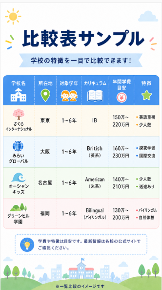 所在地 対象学年 カリキュラム 学費の比較表
