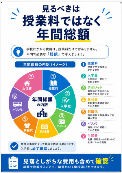 まずは学費だけでなく年間総額で考えることが大切
