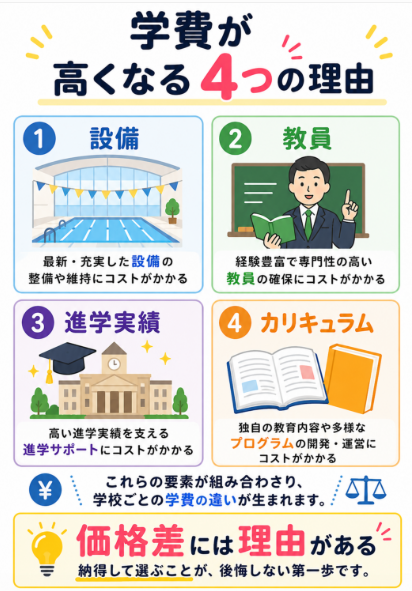 設備 教員 進学実績 カリキュラムで費用差が出る
