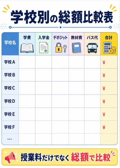 学費以外の費用を学校ごとに比較する