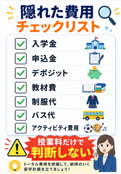 学費以外に入学金 デポジット 教材費 バス代がかかる
