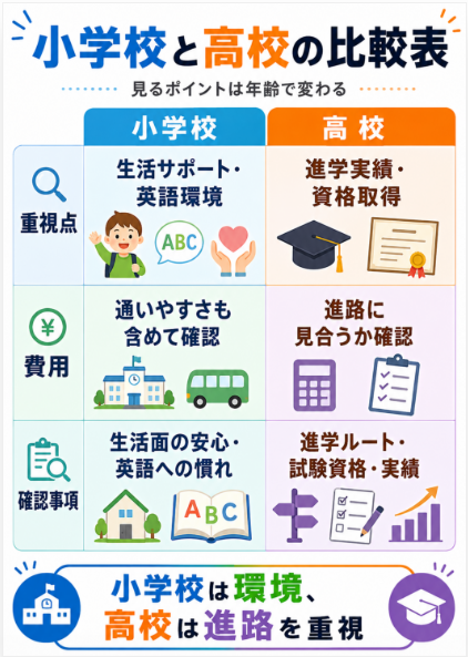 小学校と高校では必要な費用や確認点が異なる
