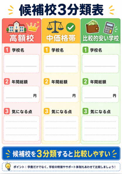 候補校を高額校 中価格帯 安い学校に分ける
