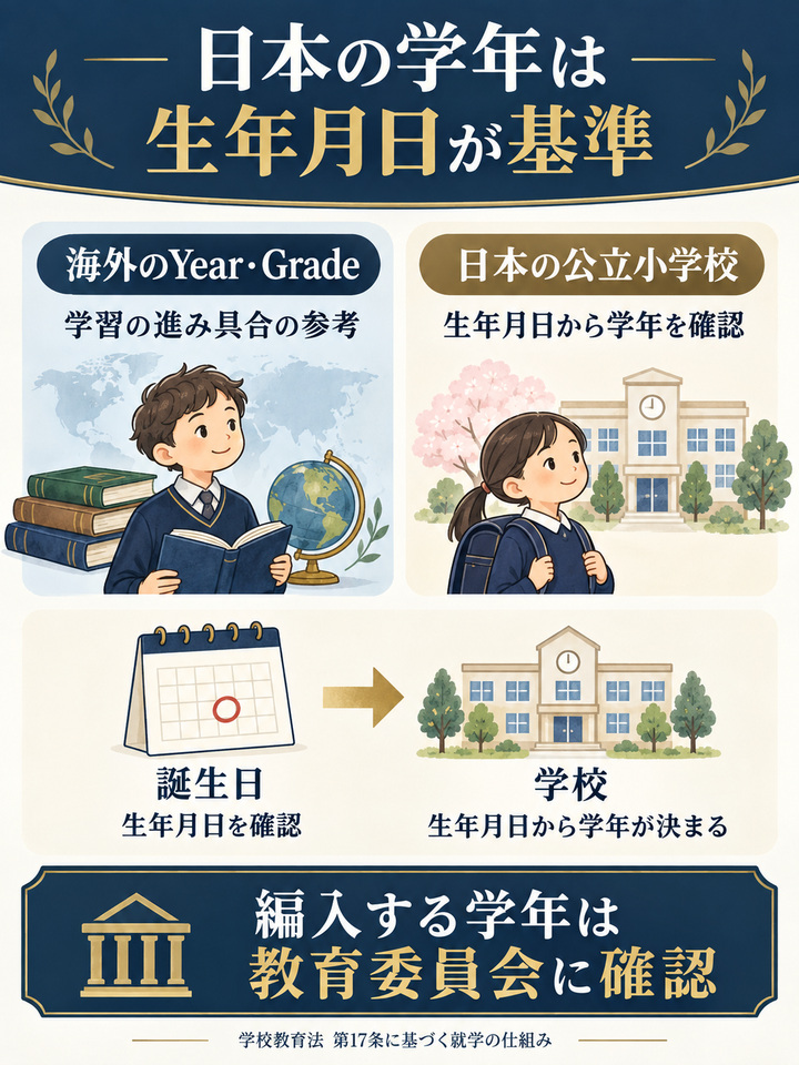 日本の公立小学校は、海外での学年ではなく年齢で学年が決まる