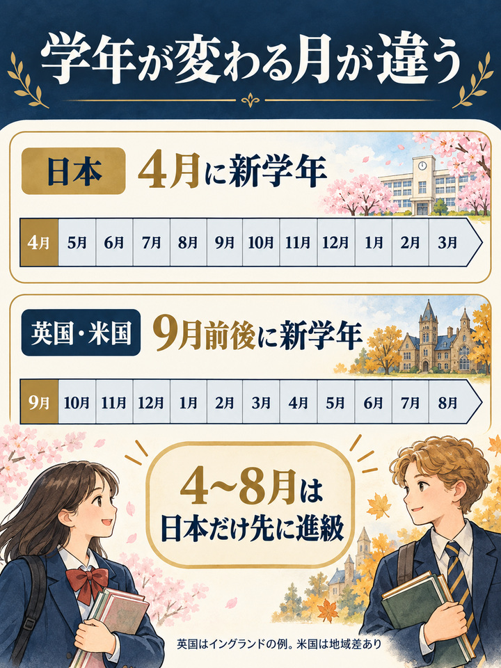 日本は4月、イギリスやアメリカは9月前後に学年が切り替わる