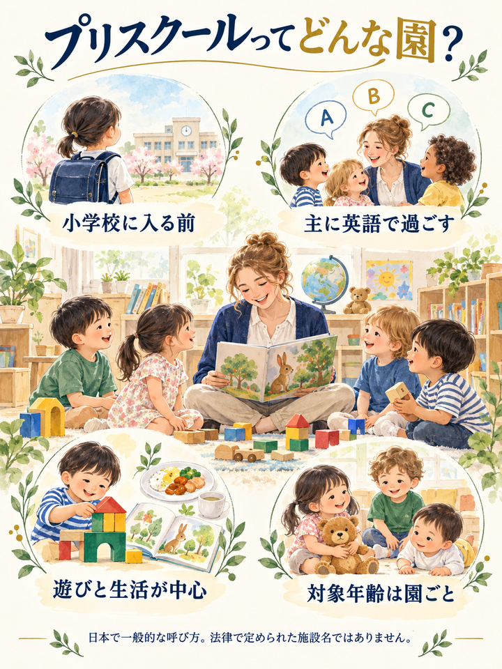 プリスクールとは、英語で保育や幼児教育を行う、小学校入学前の子どもの施設