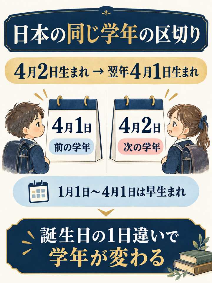 日本は、4月2日生まれから翌年4月1日生まれまでが同じ学年になる