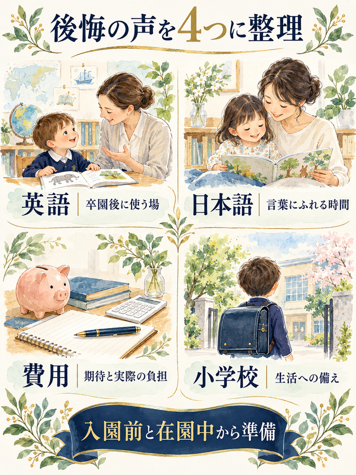 後悔の声は、英語、日本語、費用、小学校への適応に集まる