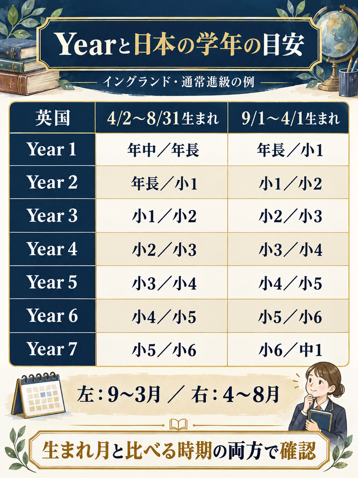 イギリスのYearと日本の学年の早見表