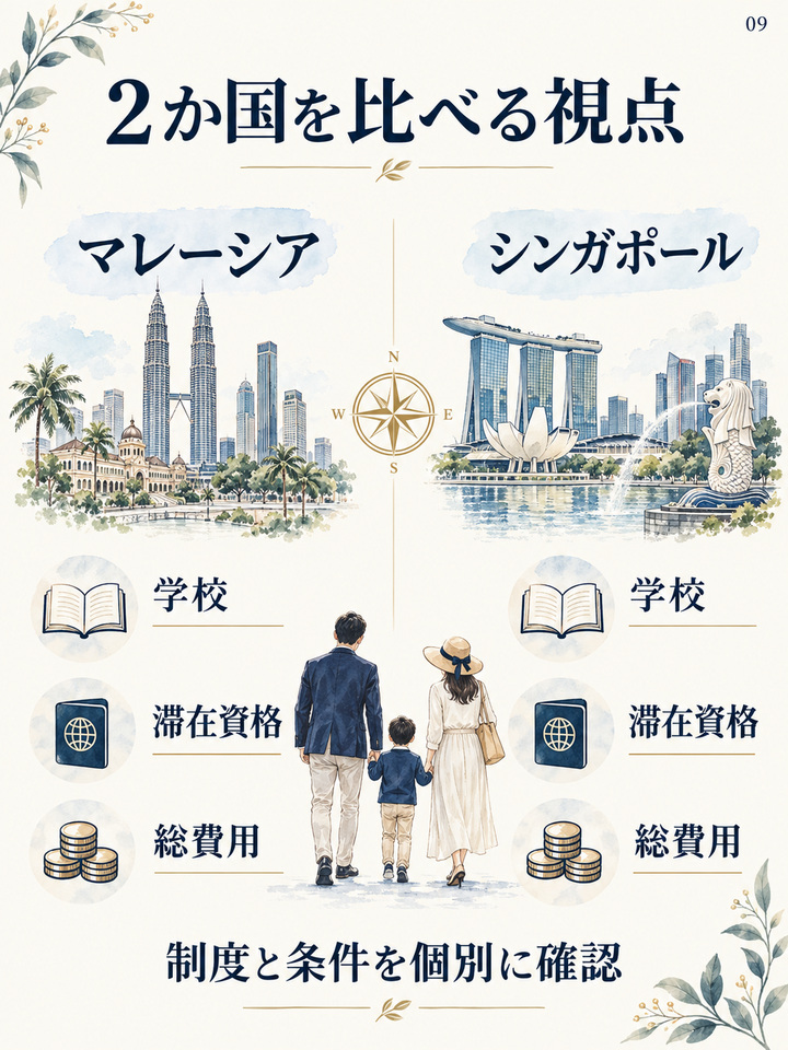 マレーシアとシンガポールを、学校、滞在資格、費用の考え方で比べる早見表