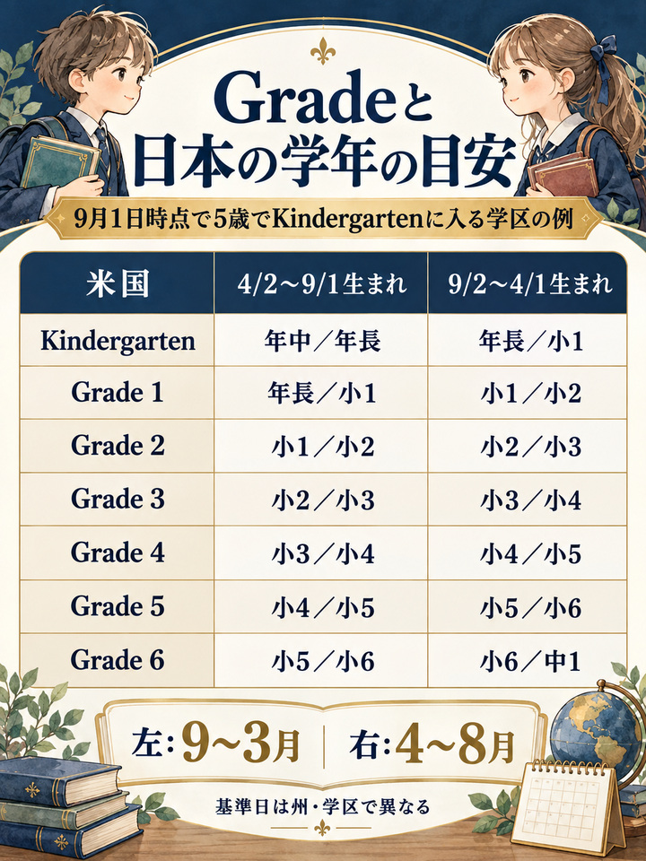アメリカのGradeと日本の学年の早見表