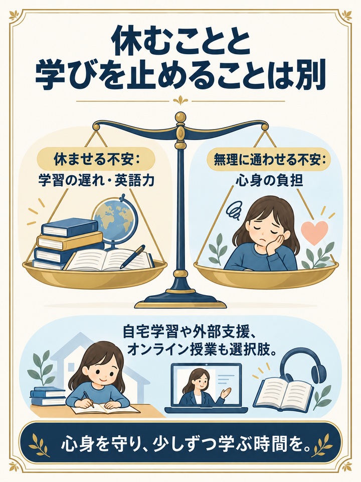 休ませると勉強も英語も遅れてしまいそうで怖い