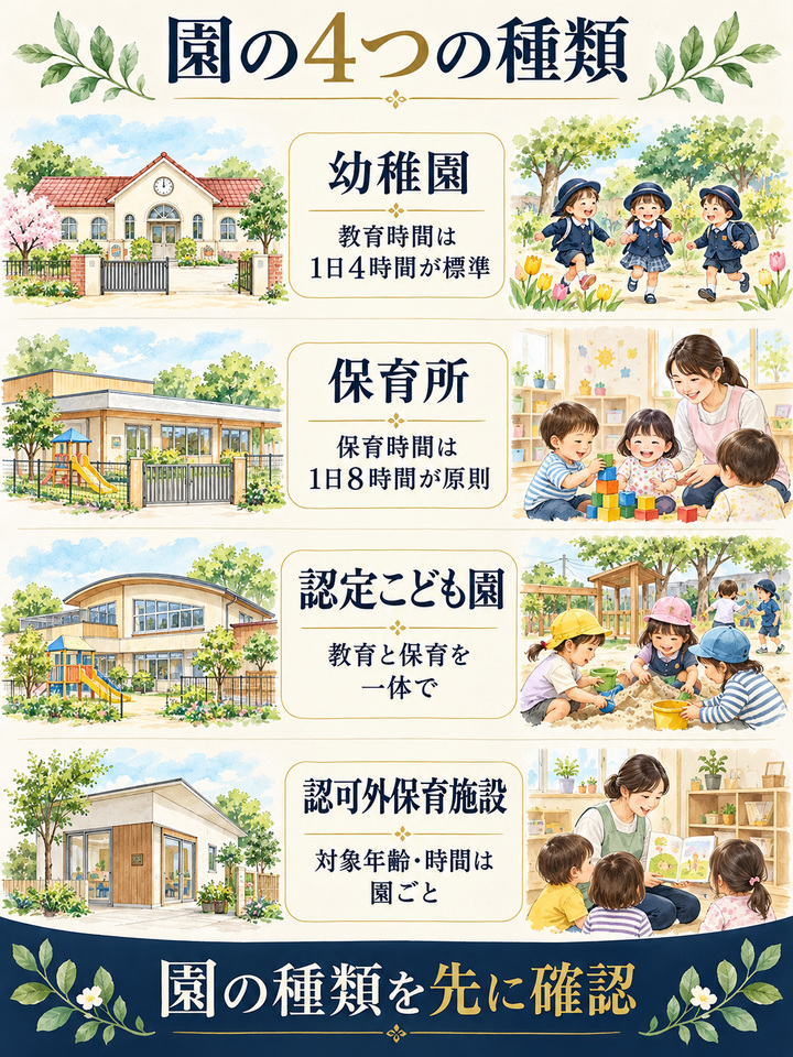 幼稚園、保育所、認定こども園、認可外保育施設の違いを早見表で確かめる