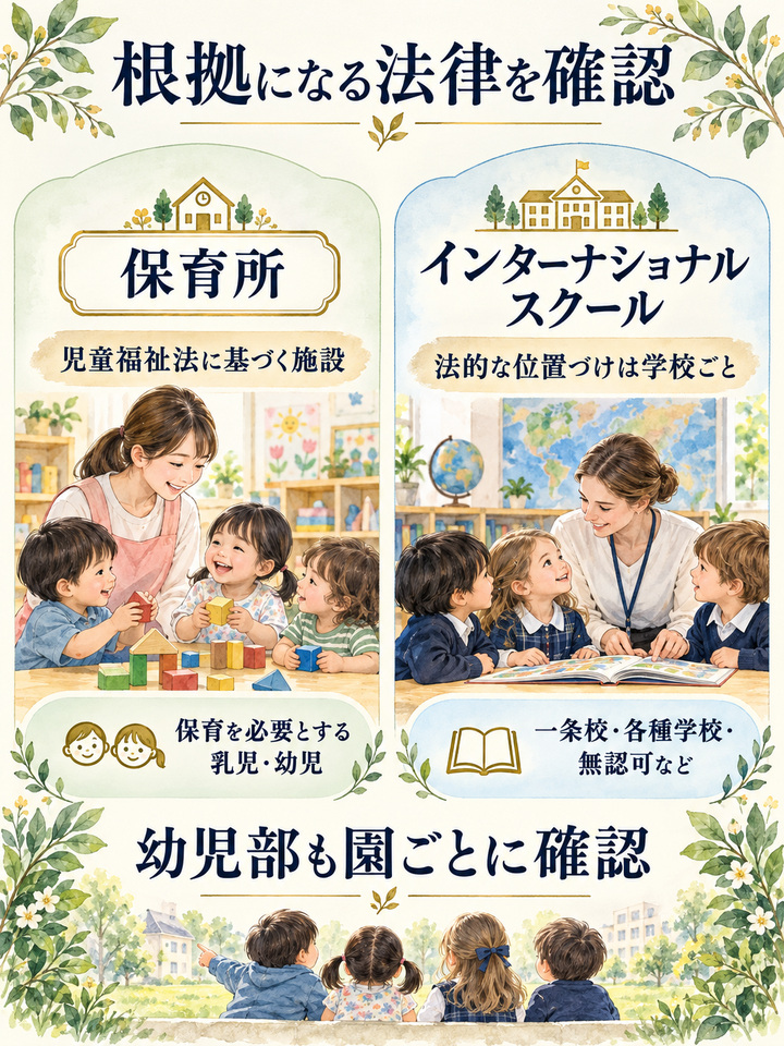 インターナショナルスクールと保育園の違いは、根拠になる法律にある