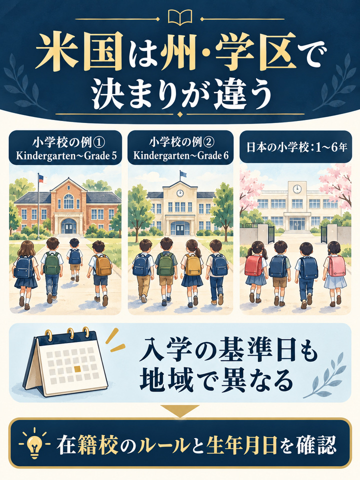 アメリカは州や学区によって、入学の基準日や学校の区切り方が違う