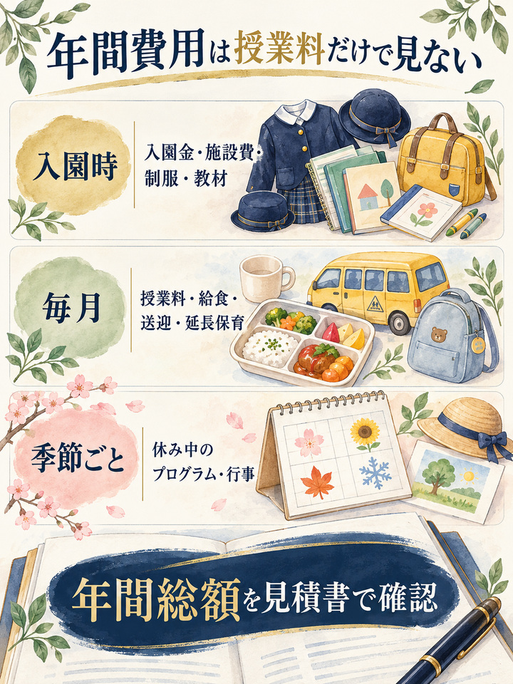 1年間の総額は、授業料以外の費用も足して確かめる