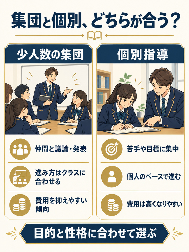 集団授業か個別指導か、授業の形式