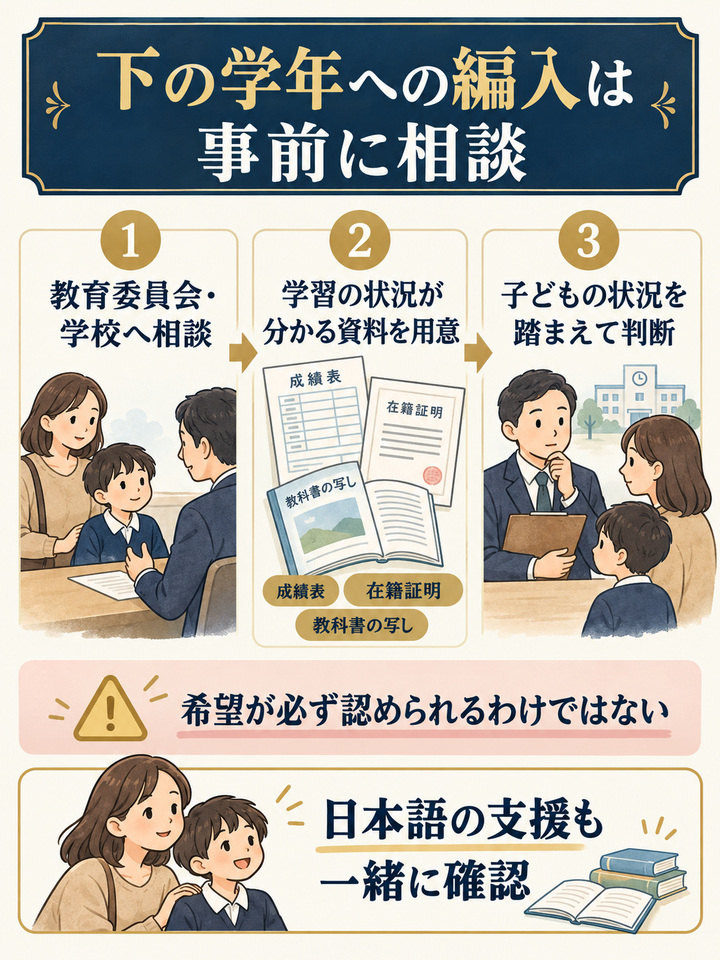 学年を下げて入れるかどうかは、学校や教育委員会の判断になる