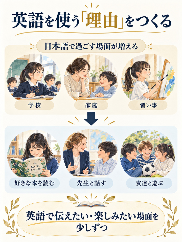 【理由3】 日本語の環境に早くなじみ、英語を使う理由がなくなる