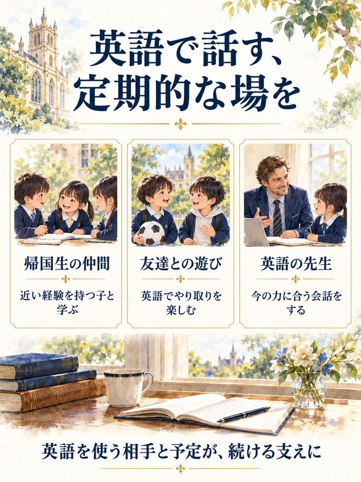 帰国生の仲間や英語の先生と、定期的に話す場をつくる