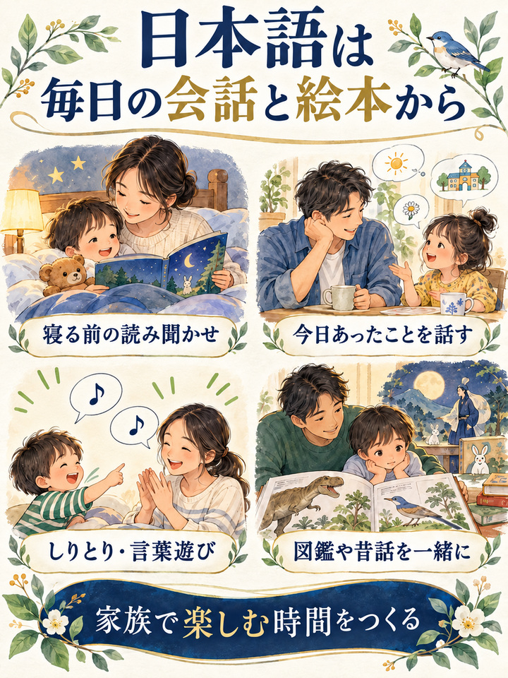 家庭で、日本語の絵本と会話の時間を確保する
