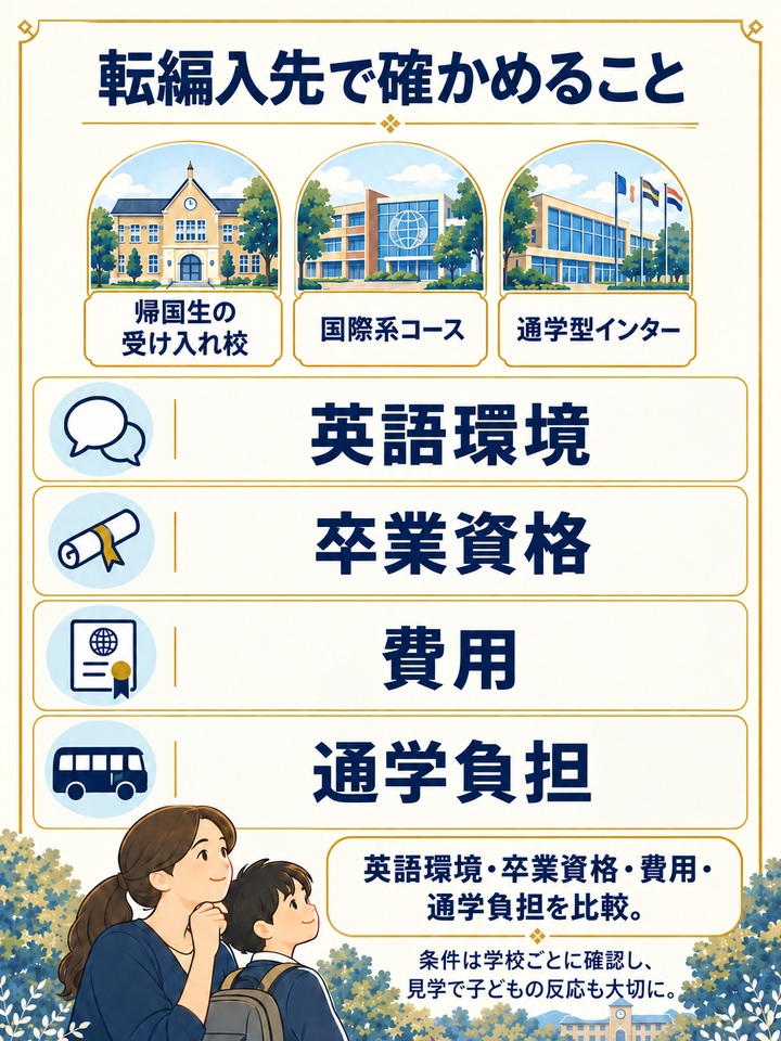 【選択肢5】 帰国子女の受け入れに慣れた学校やインターナショナルスクールへの転編入を検討する