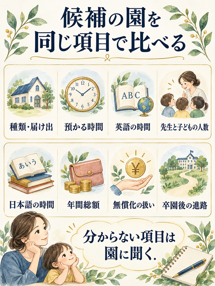 チェックリストで、候補の園を比べる