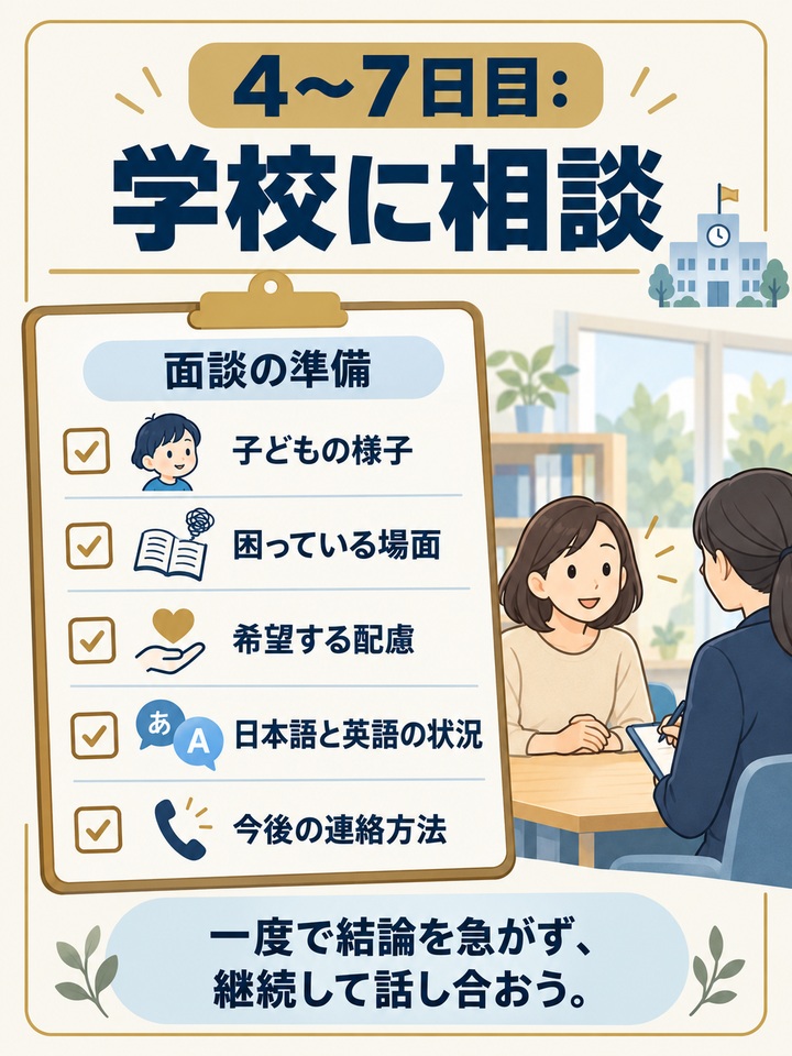 【4日目から7日目】 担任とスクールカウンセラーに相談する