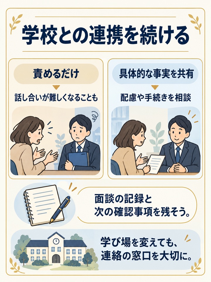 学校や先生を一方的に責めず、連携の窓口を残す